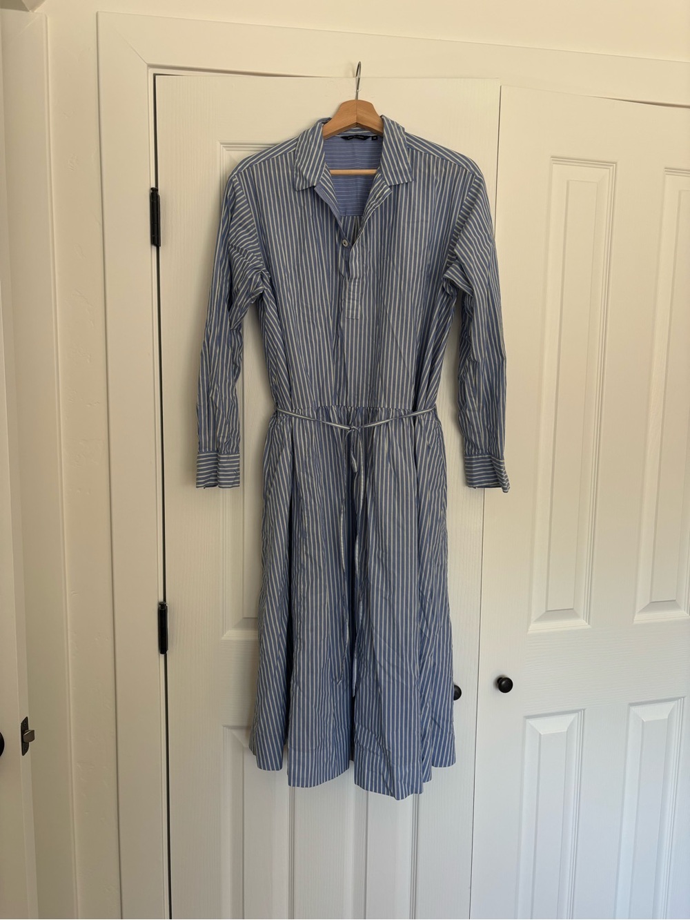 Blue and White Striped Midi Shirt Dress with Tie Waist